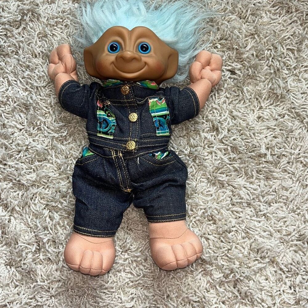 Treasure Troll Light Blue Hair 12" 1991 Ace Novelty Co. in Denim Outfit Gem in B
